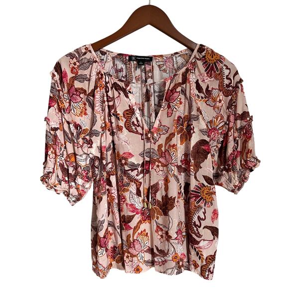 INC Floral Boho Blouse Tie Front V Neck 3/4 Balloon Ruffled Sleeve Cottagecore - Picture 1 of 11